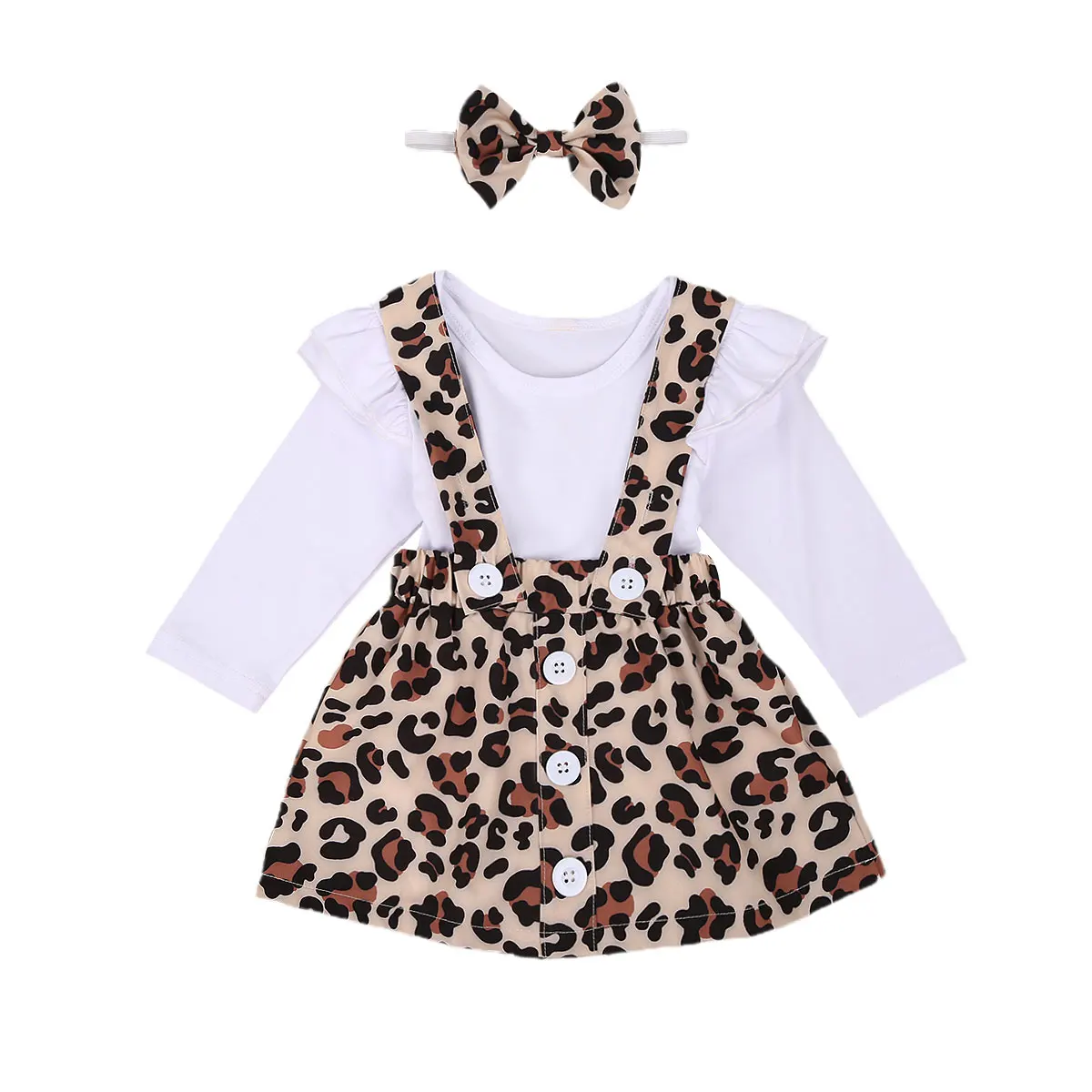 

Newborn Baby Girls Leopard Clothes Sets 3pcs Ruffles Long Sleeve Romper Tops Bib Strap Dress Headband 0-24M