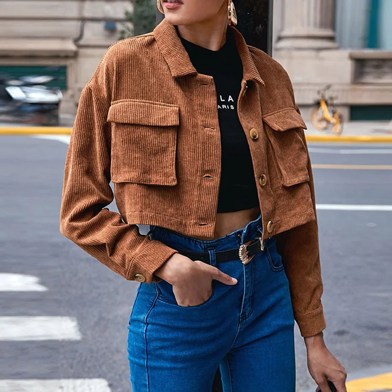 Женское короткое пальто, однотонная куртка с отложным воротником и длинным рукавом и карманами для весны и осени, коричневого цвета, XS/S/M/L 
Женское короткое пальто, однотонная куртка с отложным воротником и длинным рукавом и карманами для весны и осени, коричневого цвета, XS/S/M/L