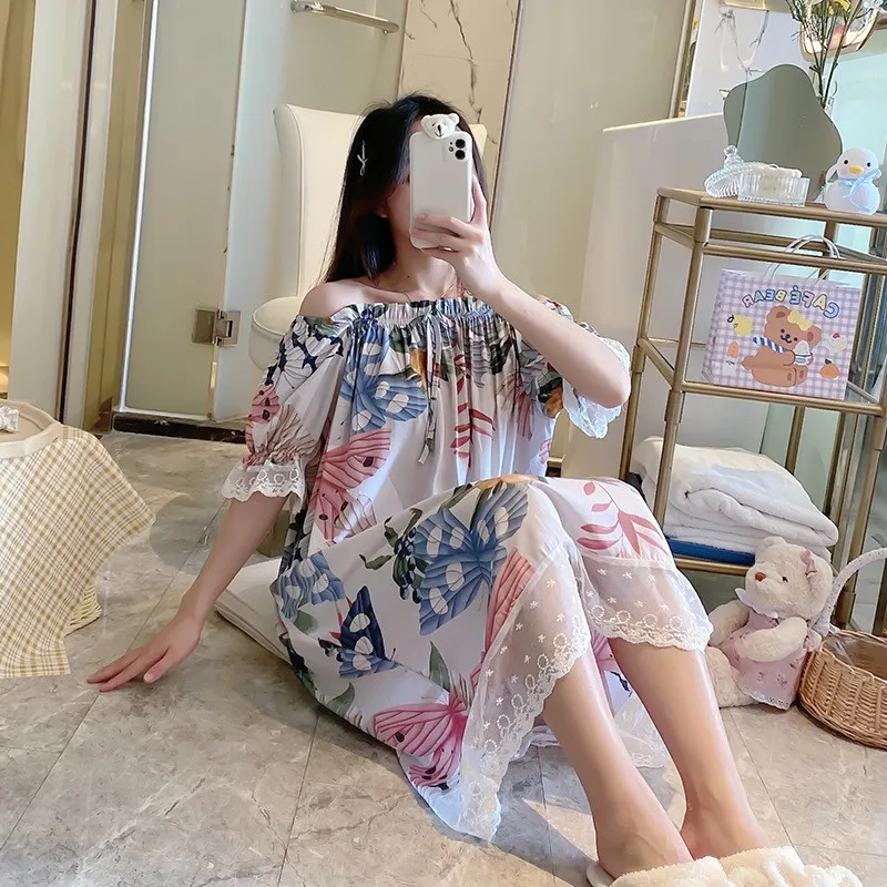 Ladies Sweet Lace Trim Long Nightgown Flower Print O-Neck Nightdress Summer New Short Sleeve Loose Sleepshirts Cotton Sleepwear 
Ladies Sweet Lace Trim Long Nightgown Flower Print O-Neck Nightdress Summer New Short Sleeve Loose Sleepshirts Cotton Sleepwear