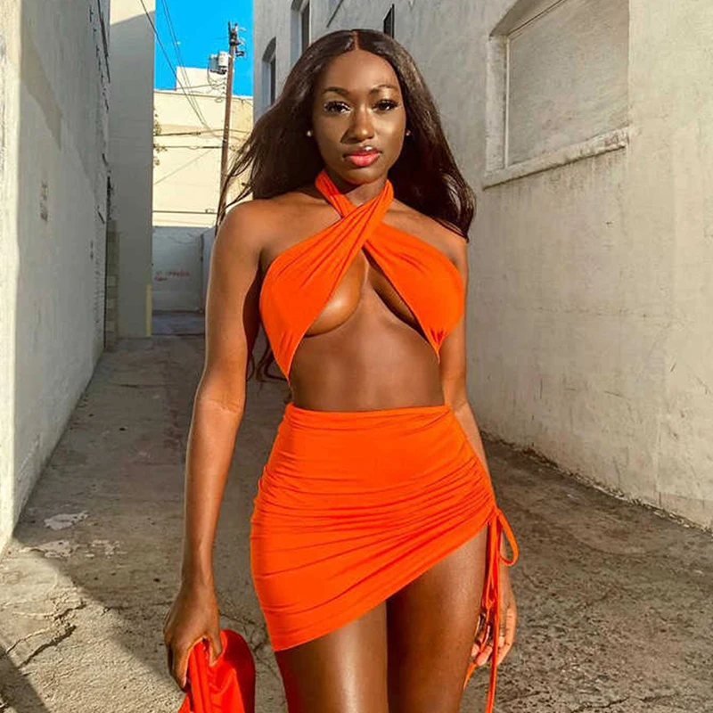 Summer Clothes Two Piece Set Women Sexy Halter Backless Crop Top Dress Sets Drawstring Ruched 2 Piece Set Club Party Outfits
Summer Clothes Two Piece Set Women Sexy Halter Backless Crop Top Dress Sets Drawstring Ruched 2 Piece Set Club Party Outfits