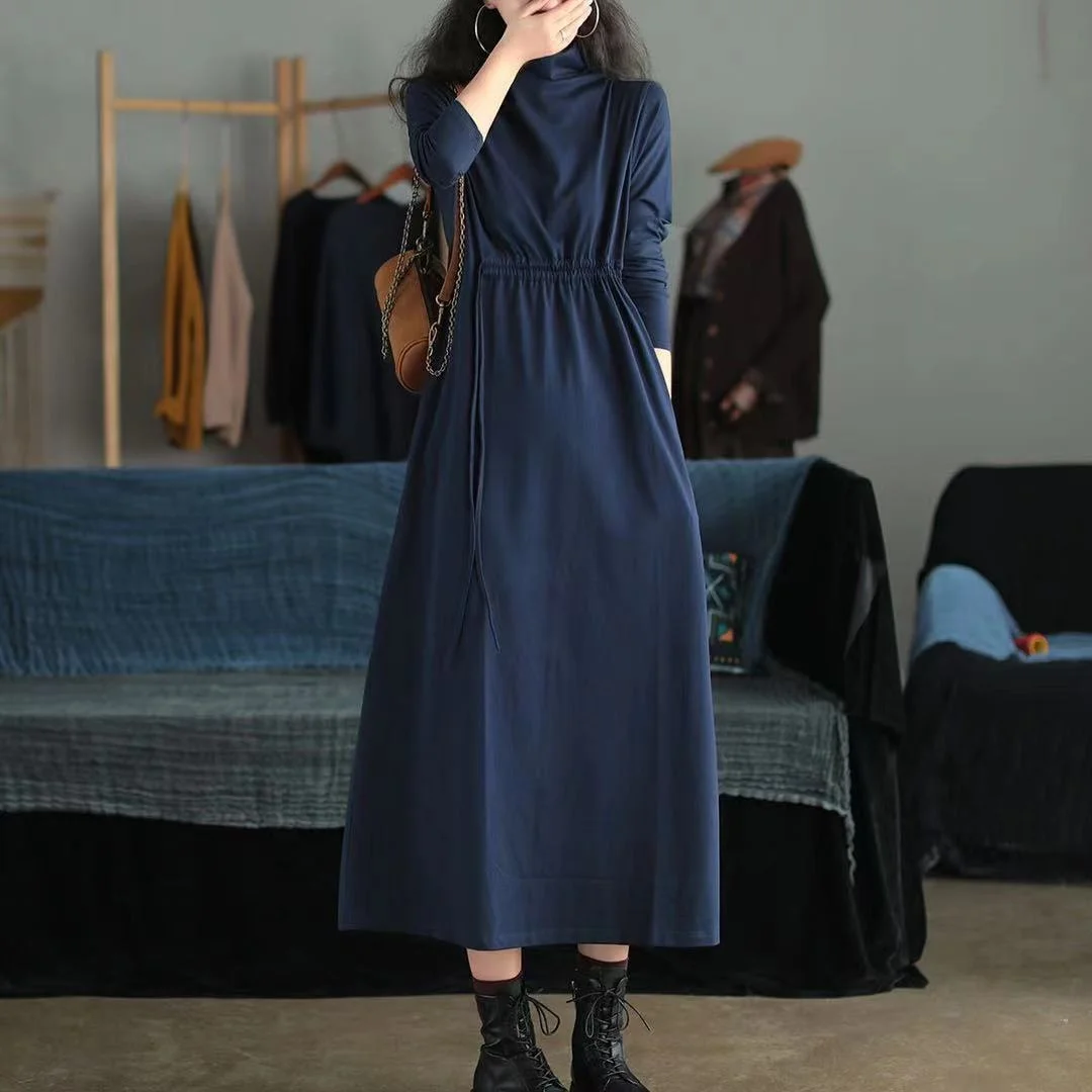 Cotton lace up long sleeve dress women's autumn new style loose and thin, versatile literary and artistic half high collar
Cotton lace up long sleeve dress women's autumn new style loose and thin, versatile literary and artistic half high collar