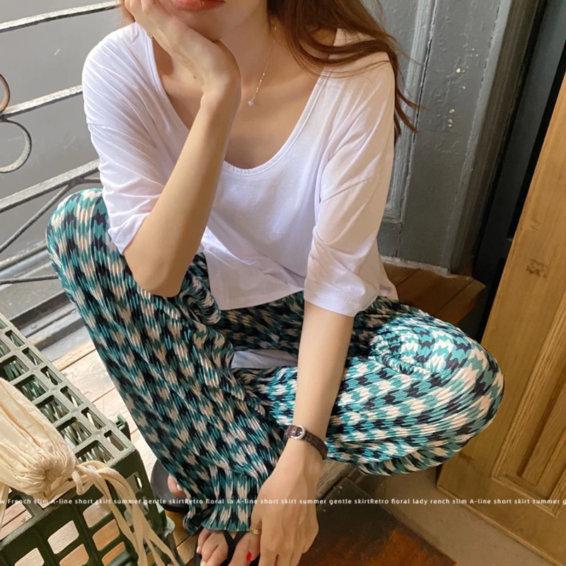 2021 Spring Summer New Women's Pants Two Piece Set Green Grid High Waist Baggy Fashion Straight Casual Pants Wide Leg Trouser