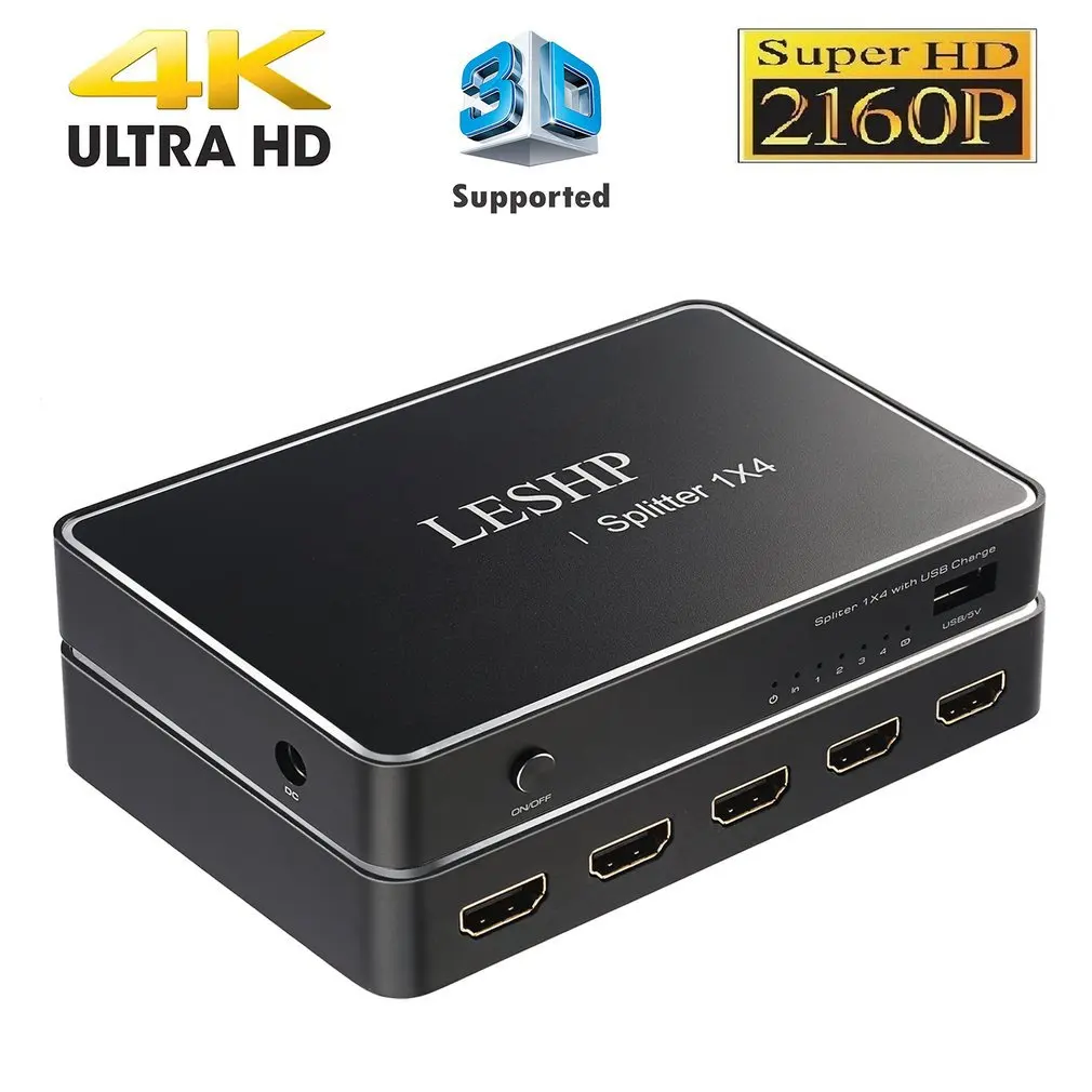 

1 Port Input 4 Port Output 2.0 Splitter With USB Charge Support 1080P 3D UK Plug