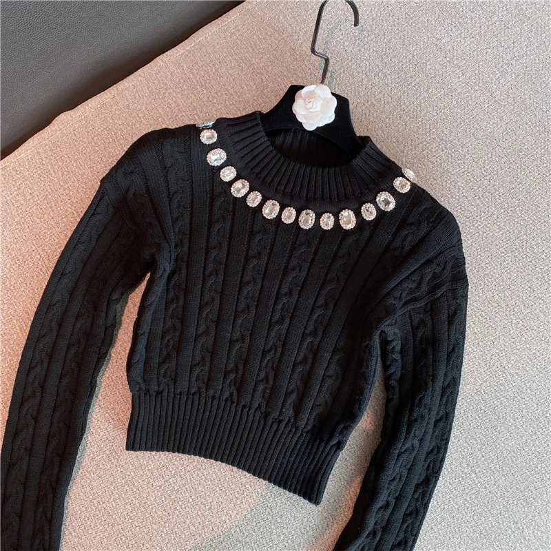 Knitting Pullover Women Round Neck Rhinestone Decoration Twist-Flower Long-Sleeve Short Sweater Female Casual Tops Autumn Winter
Knitting Pullover Women Round Neck Rhinestone Decoration Twist-Flower Long-Sleeve Short Sweater Female Casual Tops Autumn Winter