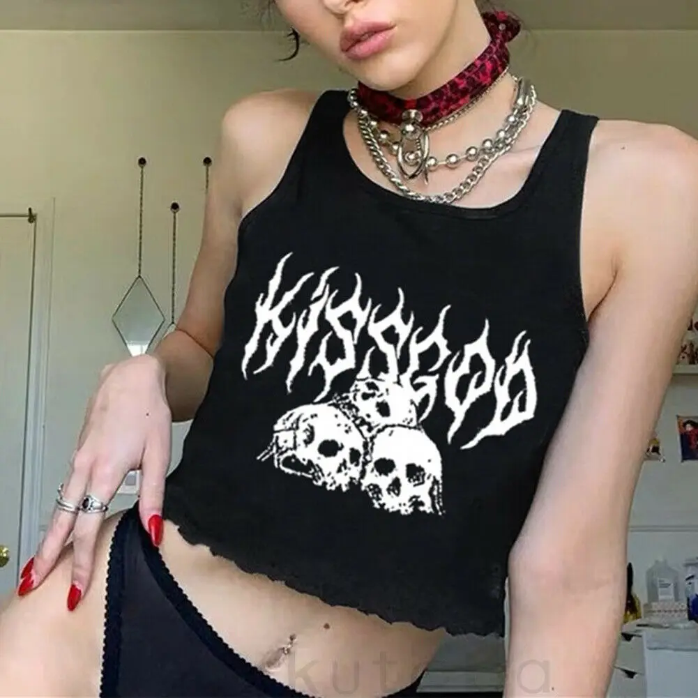 Sexy Punk Goth Crop Tops Womens Summer Skull Print Vest Top Black White Fashion Round Neck Sleeveless Slim Tank Top
Sexy Punk Goth Crop Tops Womens Summer Skull Print Vest Top Black White Fashion Round Neck Sleeveless Slim Tank Top