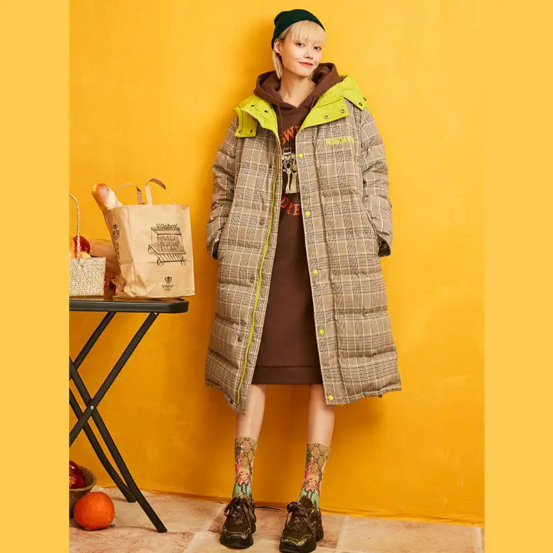 ELFSACK/зеленая клетчатая шикарная на пуговицах теплая куртка 90% утином пуху с