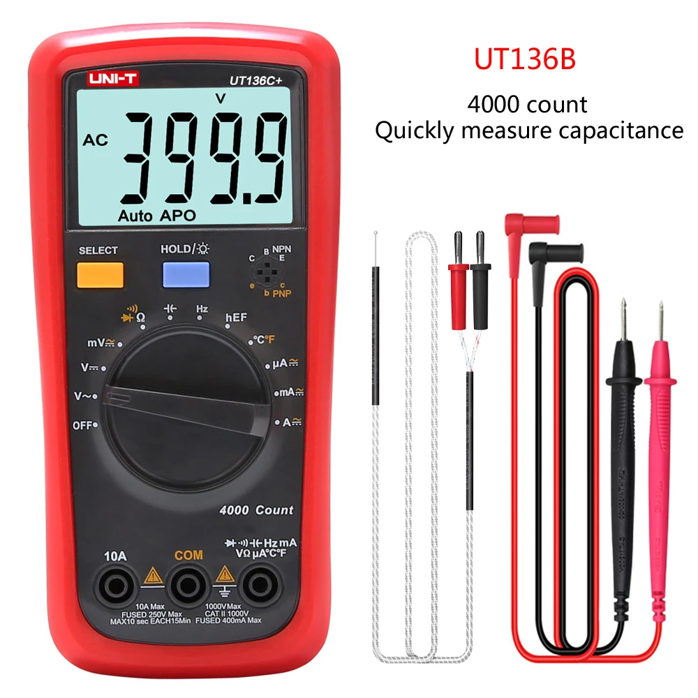 UNI-T UT136B + UT136C +digital multimeter AC/DC voltage and current meter HFE NCV resistance capacitance tester quick sampling
UNI-T UT136B + UT136C +digital multimeter AC/DC voltage and current meter HFE NCV resistance capacitance tester quick sampling