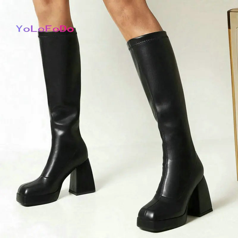 Black White Women Knee High Boots PU Leather Platform Thick High Heel Ladies Calf Boots Fashion Square Toe Side Zipper Boots
Black White Women Knee High Boots PU Leather Platform Thick High Heel Ladies Calf Boots Fashion Square Toe Side Zipper Boots