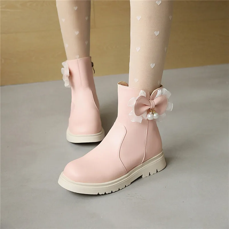 

YQBTDL Drop Ship JK Cosplay Girl Sweety Boots for Womens Lolita Shoes Winter Low Heel Pearl Bow White Pink Black Shorty Botas