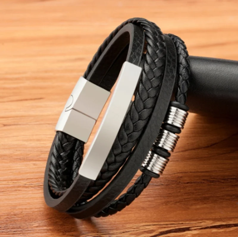 Classic Hand-woven Multi-layer Combined Titanium Steel Leather Bracelet Mens Jewelry Gift 
Classic Hand-woven Multi-layer Combined Titanium Steel Leather Bracelet Mens Jewelry Gift