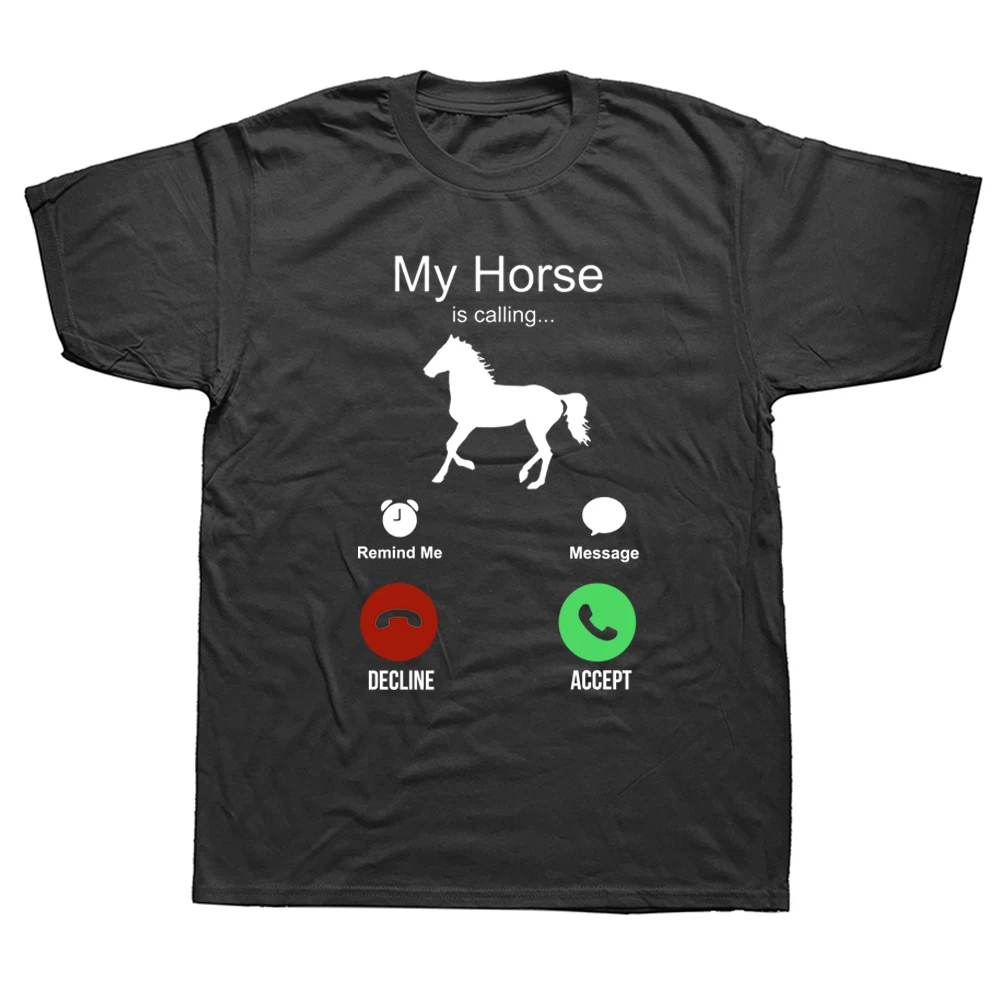 

Футболка мужская хлопковая оверсайз с коротким рукавом и графическим принтом «Моя лошадь звонит и я должен пойти»