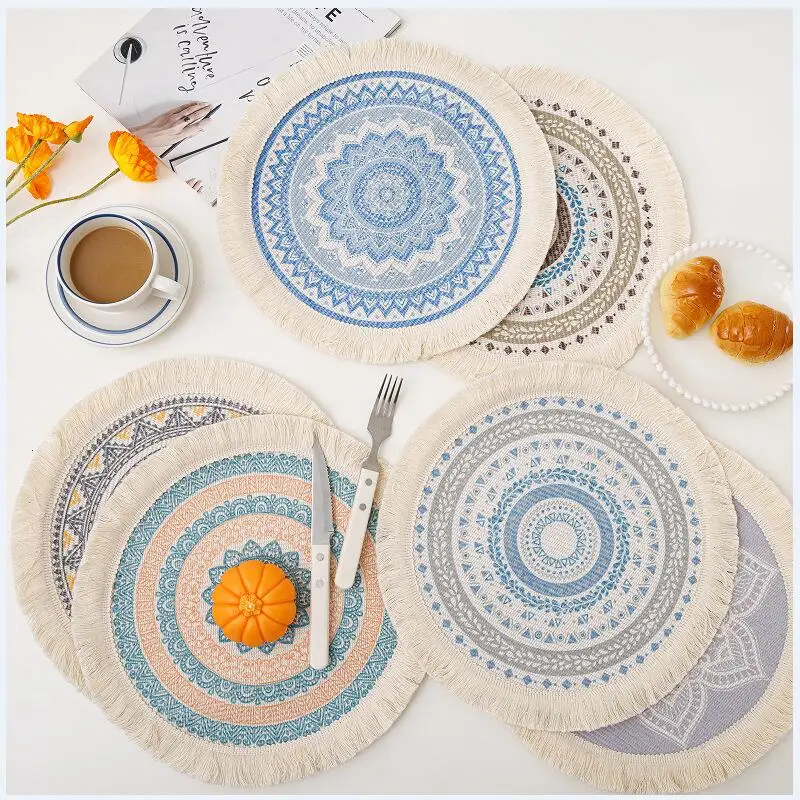 

Bohemian Mandala Cotton Rope Woven Placemats Macrame Tassels Table Mats Insulation Pads Coffee Cup Coaster Farmhouse Decor Props