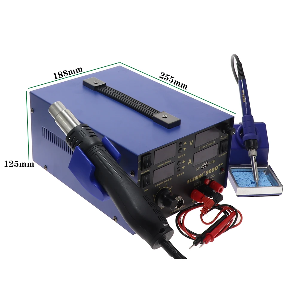 SAIKE 909D 3in1 hot air gun welding station desoldering station DC stabilized power supply 15V 2A telephone repair electric iron
SAIKE 909D 3in1 hot air gun welding station desoldering station DC stabilized power supply 15V 2A telephone repair electric iron