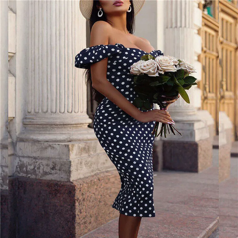 Polka Dot Print Hip Women Dress Off Shoulder Short Sleeve Bodycon Dress Formal Evening Party Dresses
Polka Dot Print Hip Women Dress Off Shoulder Short Sleeve Bodycon Dress Formal Evening Party Dresses