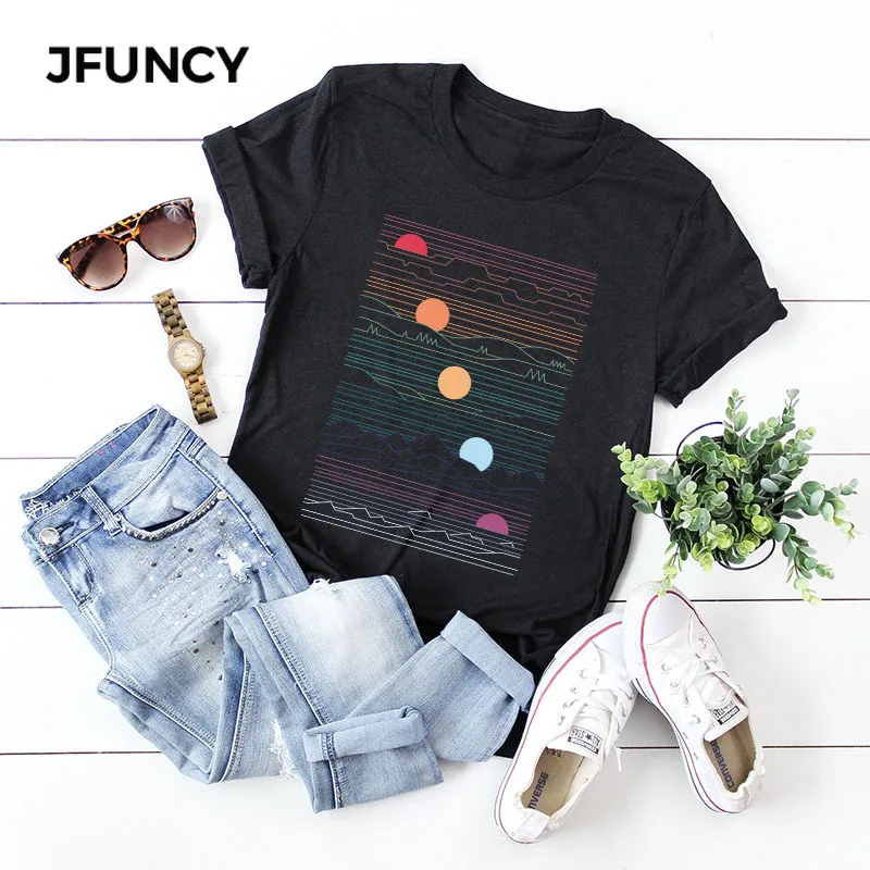 Женская свободная футболка JFUNCY Sunrise летняя из 100% хлопка с принтом большие