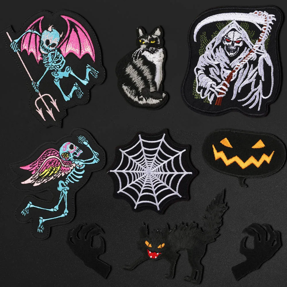 

Punk Devil angel devil pumpkin Iron on Clothes spider web Patches For Clothes Ghost hand Embroidered Patches For Jeans Clothes