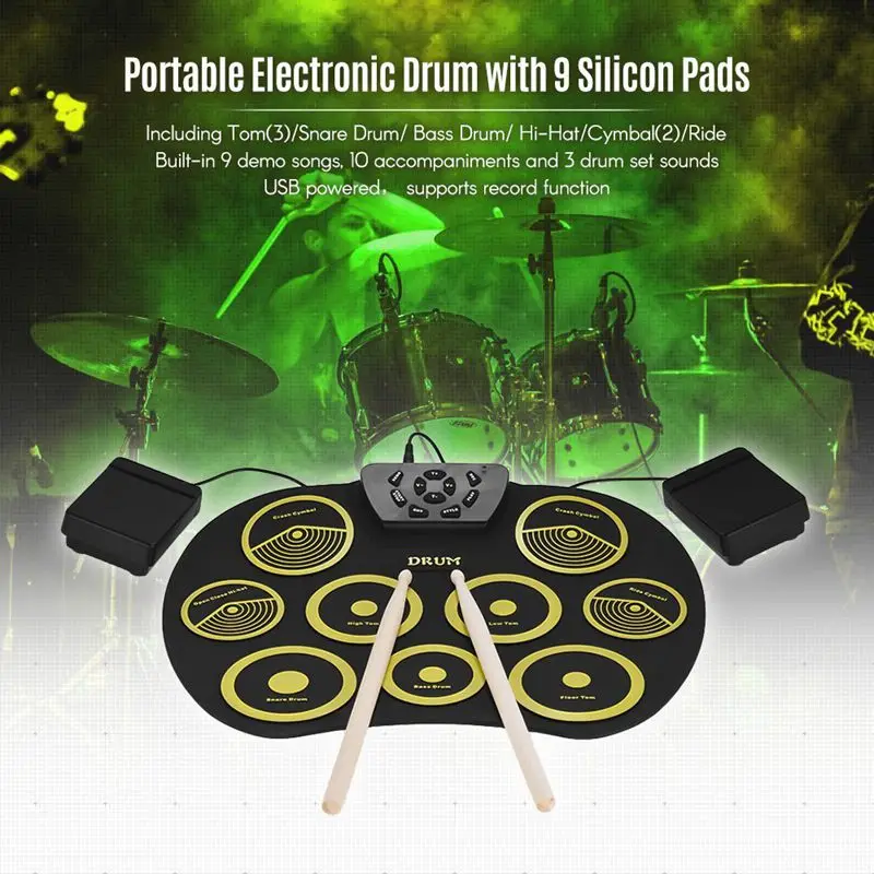 Portable Electronics Drum Set Roll Up Drum Kit 9 Silicone Pads USB Powered with Foot Pedals Drumsticks USB Cable
Portable Electronics Drum Set Roll Up Drum Kit 9 Silicone Pads USB Powered with Foot Pedals Drumsticks USB Cable