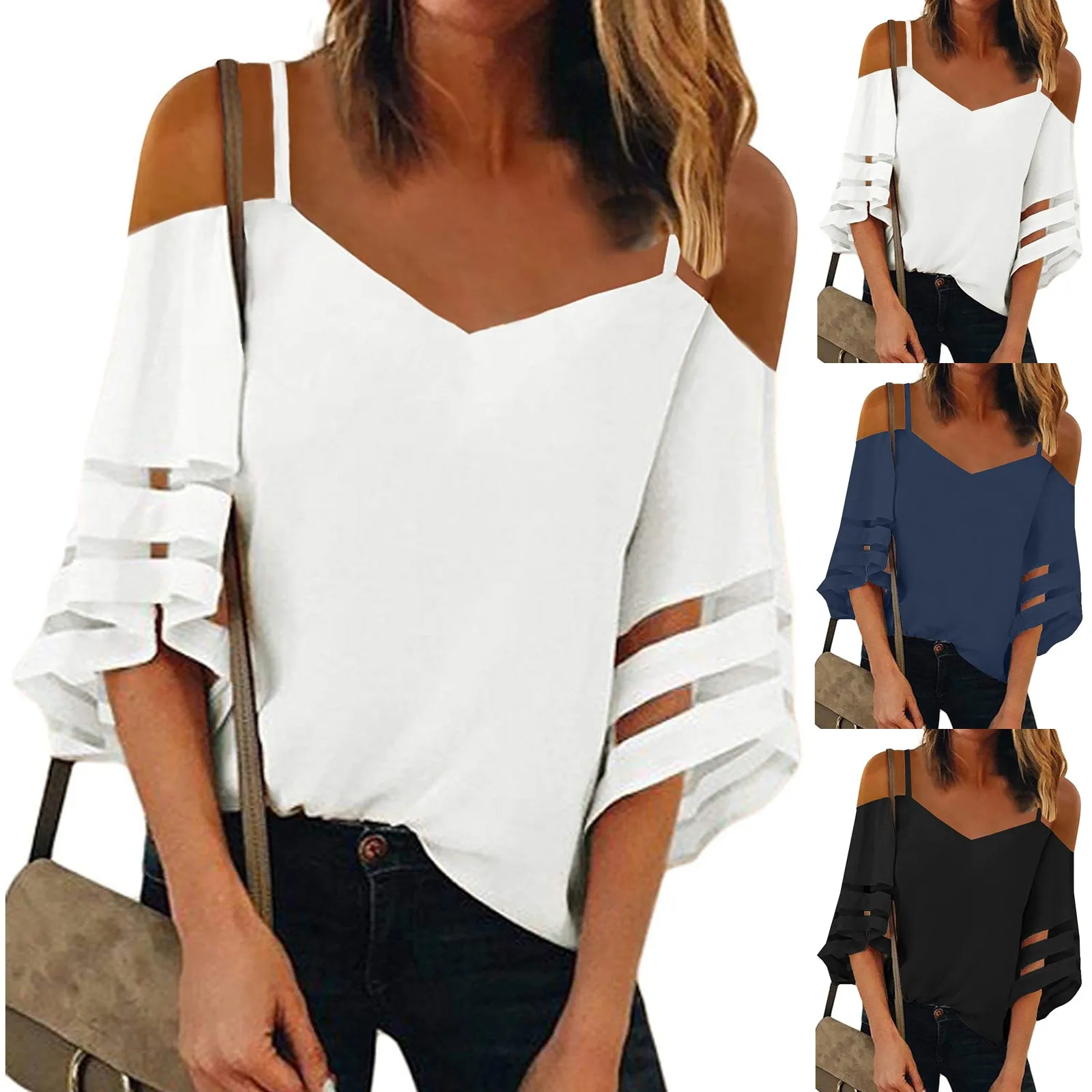 Solid Off Shoulder Women's T-shirt V Neck Mesh Panel Blusa 3/4 Bell Sleeve Dew Shoulder Casual White Tops Tee Shirt Haut Femme
Solid Off Shoulder Women's T-shirt V Neck Mesh Panel Blusa 3/4 Bell Sleeve Dew Shoulder Casual White Tops Tee Shirt Haut Femme