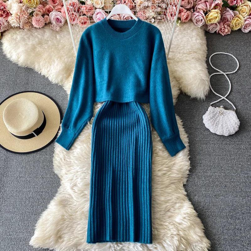 

Autumn Winter Women 2 Piece Sets Temperament O-Neck Batwing Sleeve Sweater Frock Spaghetti Strap V-Neck Package Hip Dress Sets