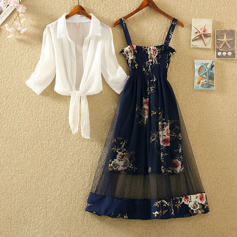 Summer Floral Beach Style Mesh Chiffon Sling Dress Cardigan Two-piece suit Vestidos Elegant Sexy Vinatge Dresses Suits Women
Summer Floral Beach Style Mesh Chiffon Sling Dress Cardigan Two-piece suit Vestidos Elegant Sexy Vinatge Dresses Suits Women
