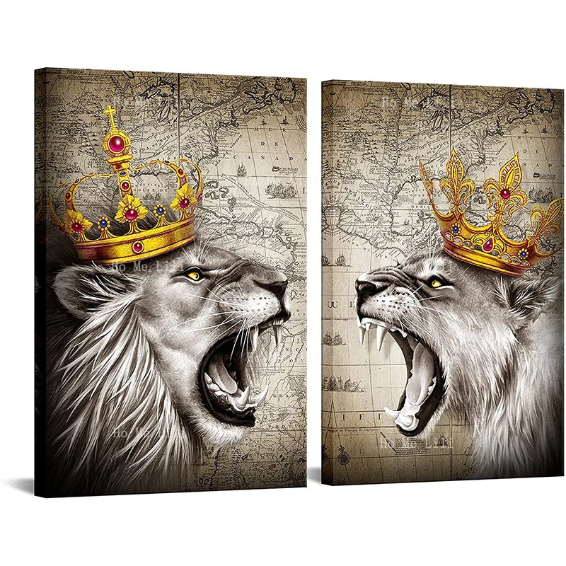 Canvas Wall Art Vintage Lion And Lioness With Crown Grey And Gold Animal Artwork For Bedroom Office Home Decor
Canvas Wall Art Vintage Lion And Lioness With Crown Grey And Gold Animal Artwork For Bedroom Office Home Decor