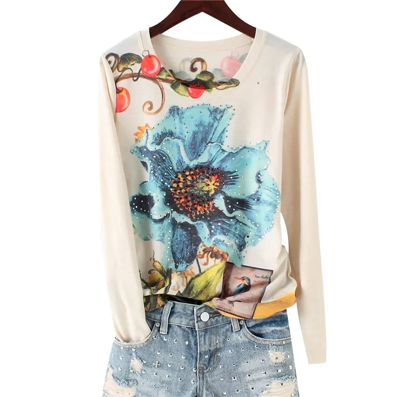 Spring Summer Fashion Hot Drilling Printed T Shirt Women's Loose O-Neck Long Sleeve Loose Ladies Tshirt Female Roupas Femininas
Spring Summer Fashion Hot Drilling Printed T Shirt Women's Loose O-Neck Long Sleeve Loose Ladies Tshirt Female Roupas Femininas