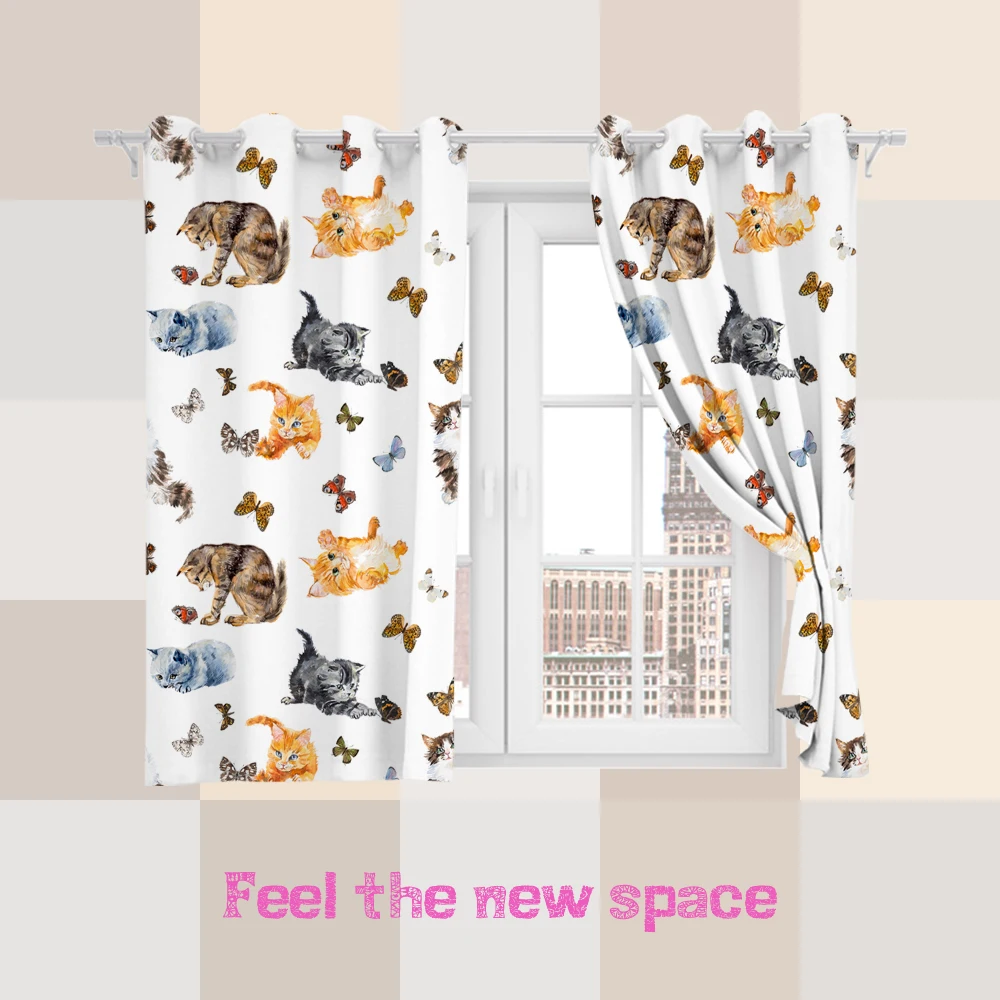 

Perforated Hook 3D Blackout Curtains Buff Cute Cat Colorful Lovely Custom Full Sunscreen Windows Bedroom Living Room Decoration