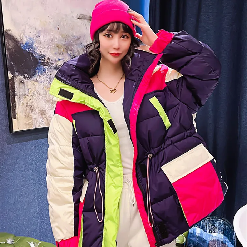 

Пуховик женский зимний в Корейском стиле Харадзюку, Модные Цветные парки, 2021 пуховая куртка на белом утином пуху в стиле Харадзюку, 90%