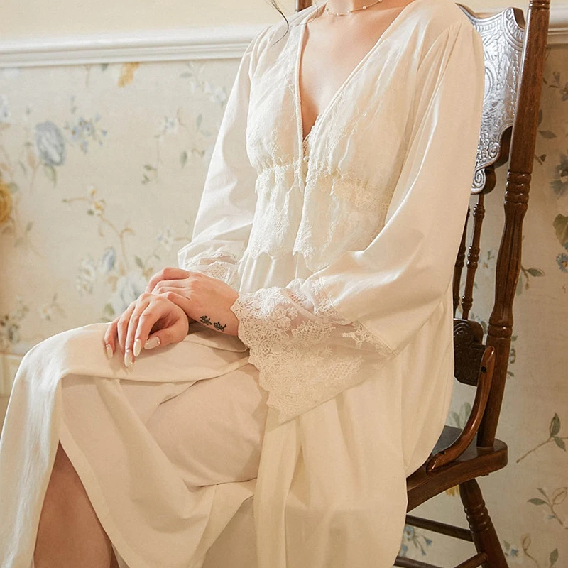 

2 Piece Lace Nightgowns Robes Sets Ladies Lolita Nightdress Women Sexy Vintage Palace Style Bathrobe Sleepwear