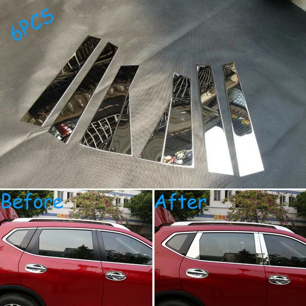 

6x Stainless Steel Chrome Car Door Window Center Column BC Pillar Post Cover Trim Sticker For Rogue X-trail Rogue T32 2014-2020