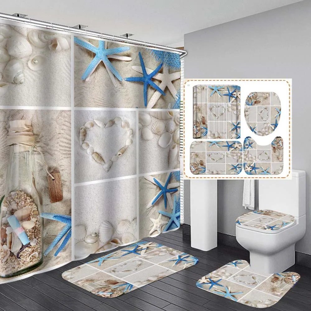 Seastar Shell Shower Curtain Set Bath Mats Non-Slip Rugs Toilet Lid Cover 4 Pcs Set Beach Scenery Waterproof Bathroom Curtain
Seastar Shell Shower Curtain Set Bath Mats Non-Slip Rugs Toilet Lid Cover 4 Pcs Set Beach Scenery Waterproof Bathroom Curtain