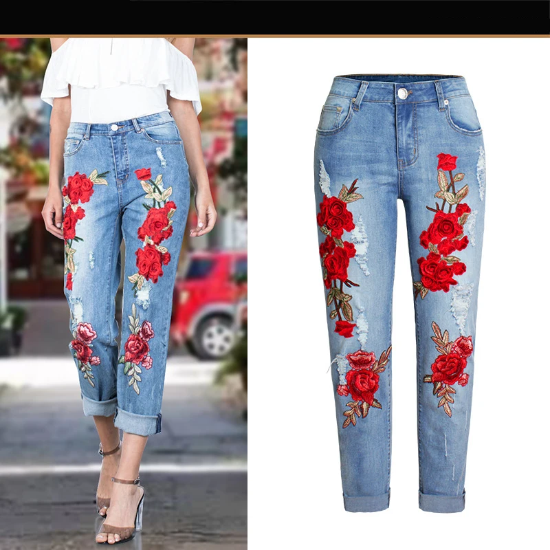Women's elastic loose jeans washed denim trousers flowers 3D three-dimensional embroidery ripped jeans plus large size S-3XL
Women's elastic loose jeans washed denim trousers flowers 3D three-dimensional embroidery ripped jeans plus large size S-3XL