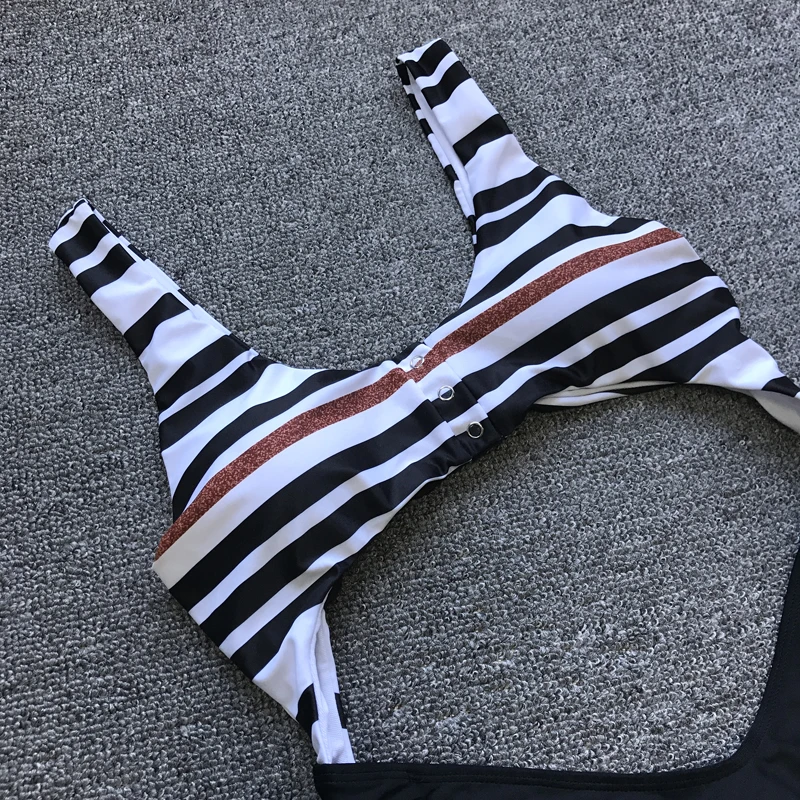 Sexy Cut Out Swimwear Women Striped Print High One Piece Swimsuit Cheeky Monokini Bathing Suit Beachwear Bikini Mujer | Спорт и