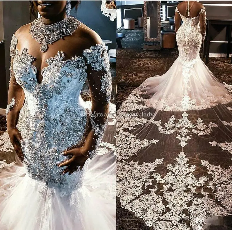 

Crystal Beaded African Mermaid Wedding Dresses with Illusion Long Sleeve Sheer High Neck Cathedral Train Princess Wedding Gown