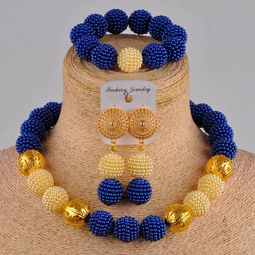 beautiful royal blue and gold simulated pearl nigerian wedding necklace costume african jewelry set FZZ09-04
beautiful royal blue and gold simulated pearl nigerian wedding necklace costume african jewelry set FZZ09-04