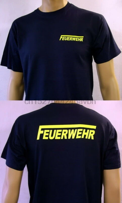 

FEUERWEHR T-Shirt in marineblau F-lang in neon-gelbA Herren-Groe S bis 4XL