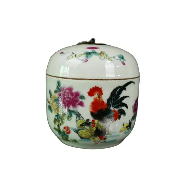 

Chinese Old Porcelain Pastel Blessed Chicken Pattern Cover Jar Receiving Tank Cover Can
