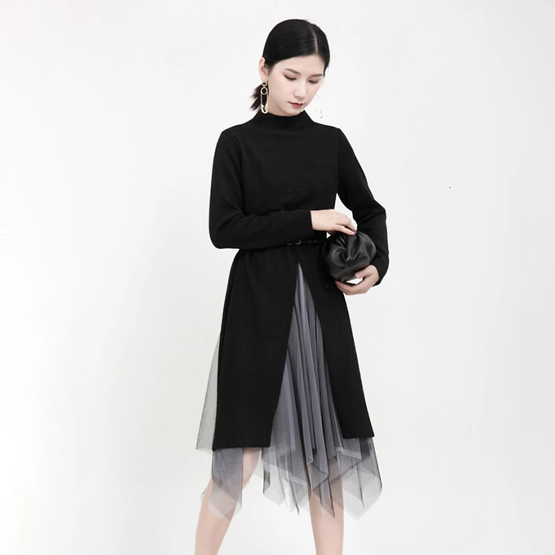 CHICEVER Irregular Patchwork Two Piece Set Women Turtleneck Knitted Split Sweater Mesh Asymmetrical Skirt Female Suits 2020 New | Женская