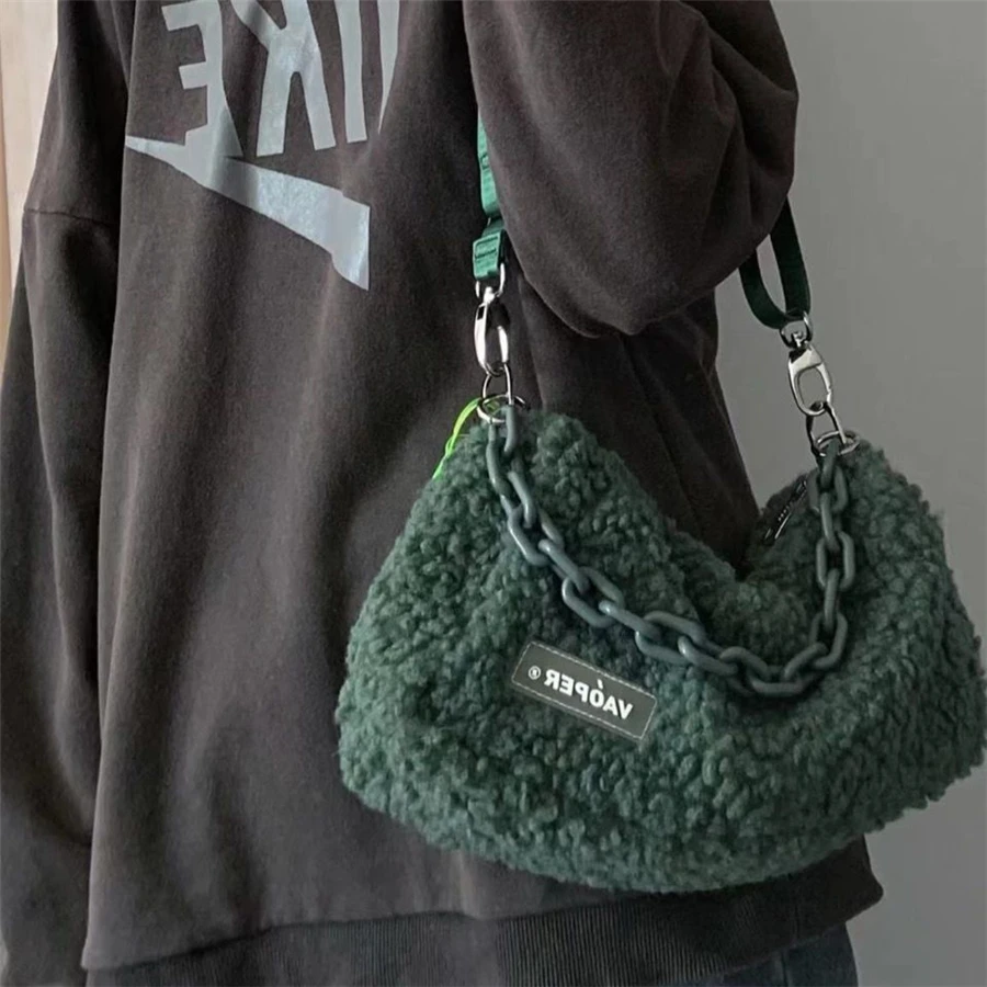 

Women Baguette Bag Lamb Wool Winter Autumn Soft Girls Shoulder Package Blackish Green Blue Portable Ins Fashon