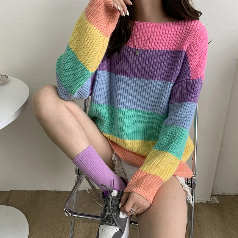 Rainbow Striped Knitted Sweater Women Vintage Colorful Jumpers Knitwear Casual Loose Pullovers Long Sleeve Elegant 2021 M009
Rainbow Striped Knitted Sweater Women Vintage Colorful Jumpers Knitwear Casual Loose Pullovers Long Sleeve Elegant 2021 M009