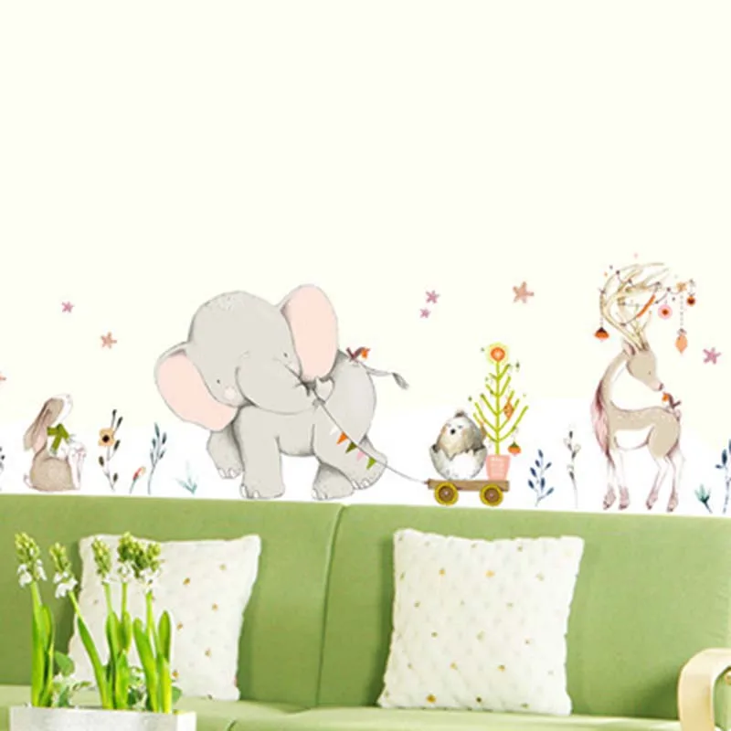 Cartoon Forest Flowe Elephant Rabbit Giraffe Animal Wall Stickers Kids Room Decoration Vinyl Wallpaper Baby Bedroom Decals | Дом и сад