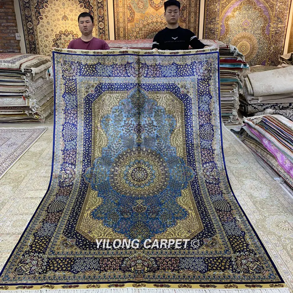 Yilong 6 'x 9' Кашмир qum Vantage ковер синий ручной работы Шелковый Традиционный Ковер