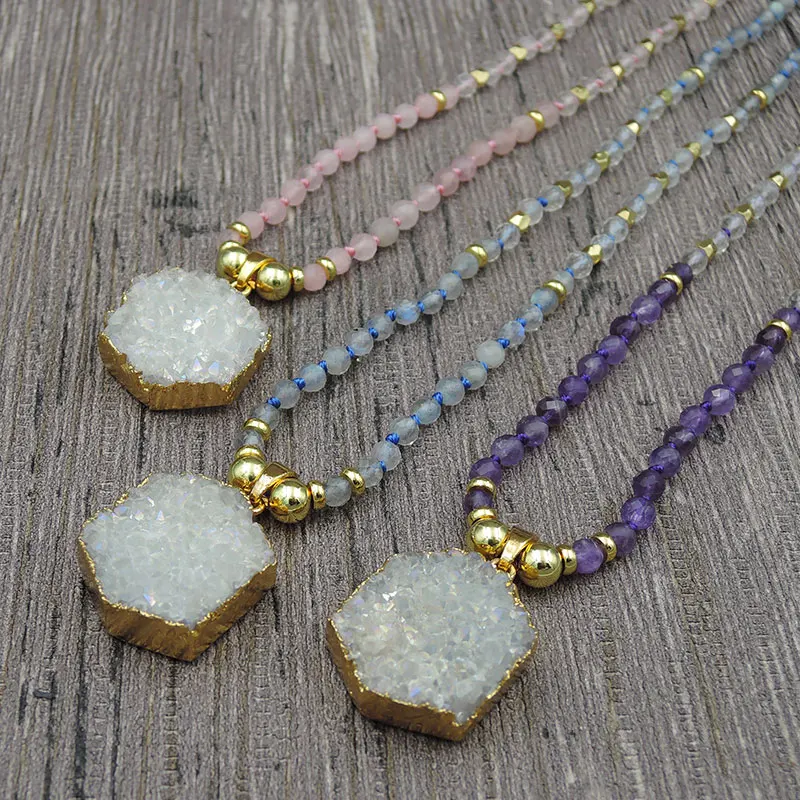 Titanium AB Color Natural Crystal Druzy Hexagon Pendants Necklaces 4mm Natural Stone Faceted Round Beads Knot Handmade
Titanium AB Color Natural Crystal Druzy Hexagon Pendants Necklaces 4mm Natural Stone Faceted Round Beads Knot Handmade