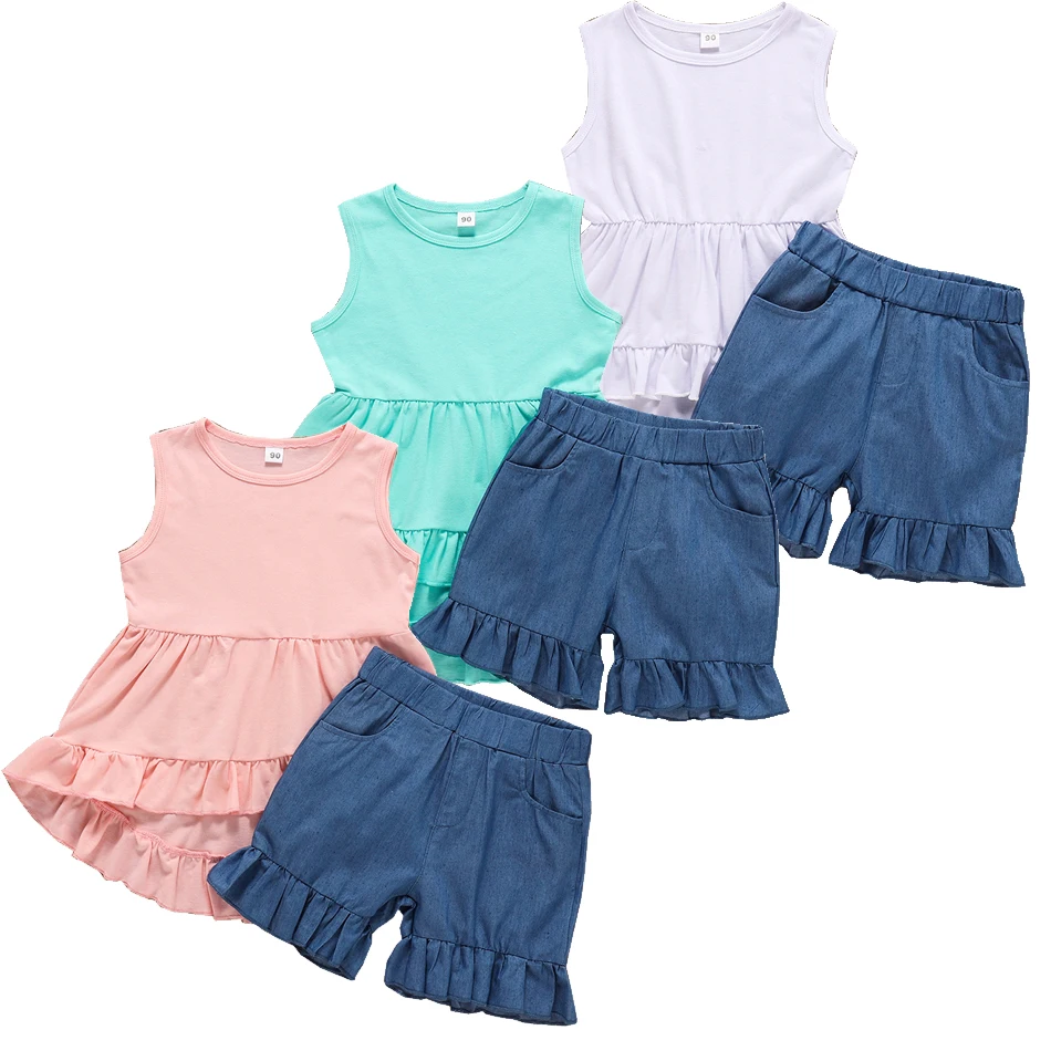 Kids Girl Summer 2pcs Clothing Set Ruffle Sleeveless Solid Top Shirt with Jeans Shorts Baby Children Beach Casual Suits JYF
Kids Girl Summer 2pcs Clothing Set Ruffle Sleeveless Solid Top Shirt with Jeans Shorts Baby Children Beach Casual Suits JYF