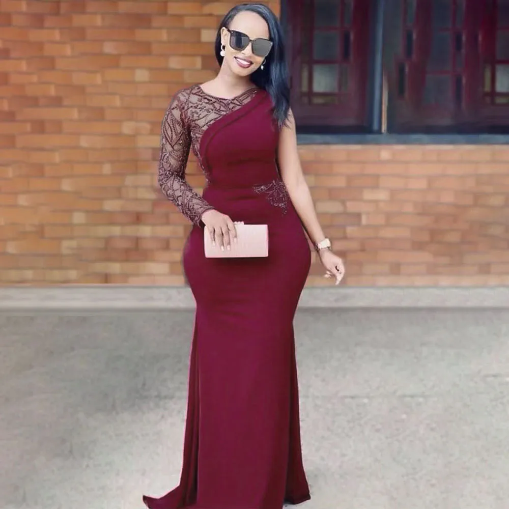 African Women Fashion Dress Autumn New 2021 Temperament Slim Lace Splicing Single Shoulder Mermaid Solid Color Long Dress
African Women Fashion Dress Autumn New 2021 Temperament Slim Lace Splicing Single Shoulder Mermaid Solid Color Long Dress