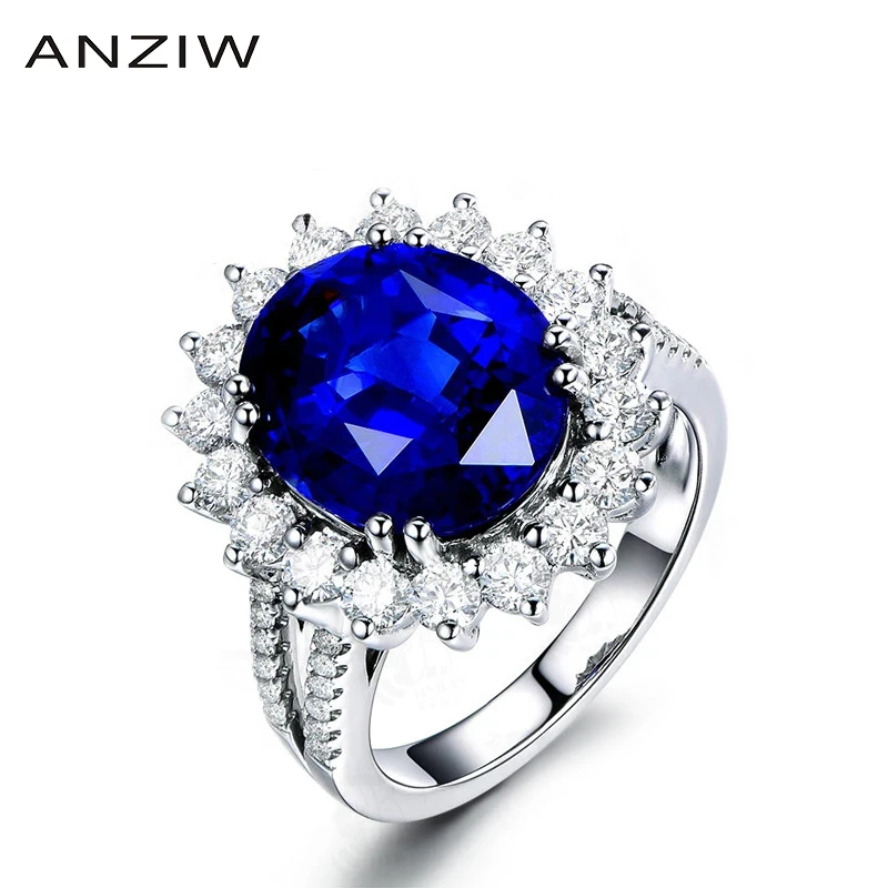 

ANZIW Big 4 Carats Oval Cut Blue Sona Bridal Halo Rings 925 Sterling Silver Flower Women Wedding Engagement Ring Gift Jewelry