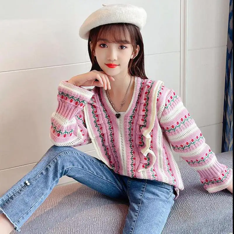 Children's Sweater 2021 Spring Autumn Korean Style Kids Loose Knitted Pullover Floral Ruffles Sweaters Teenage Girls Clothes 12Y
Children's Sweater 2021 Spring Autumn Korean Style Kids Loose Knitted Pullover Floral Ruffles Sweaters Teenage Girls Clothes 12Y