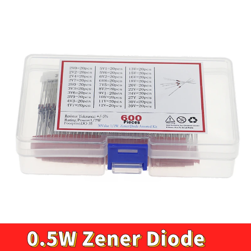 600pcs 2V - 39V 30Values 1/2W 0.5W Zener Diode Assorted Kit 20pcs Each Value
600pcs 2V - 39V 30Values 1/2W 0.5W Zener Diode Assorted Kit 20pcs Each Value