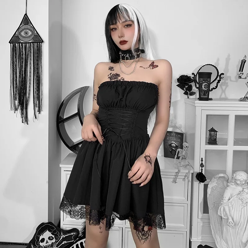 Princess Black Gothic Sexy Mini Bad Girl Dress Japanese Lolita Kawaii strapless High Waist Sleeveless Lace Ruffles Party Robe
Princess Black Gothic Sexy Mini Bad Girl Dress Japanese Lolita Kawaii strapless High Waist Sleeveless Lace Ruffles Party Robe