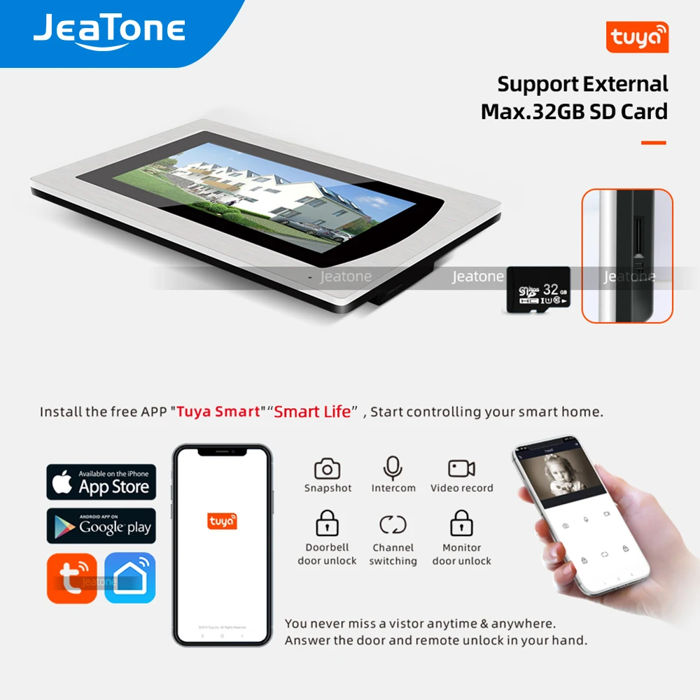 Jeatone 7 ''сенсорный экран WiFi IP видео телефон двери для 4 квартиры с 8 зонами